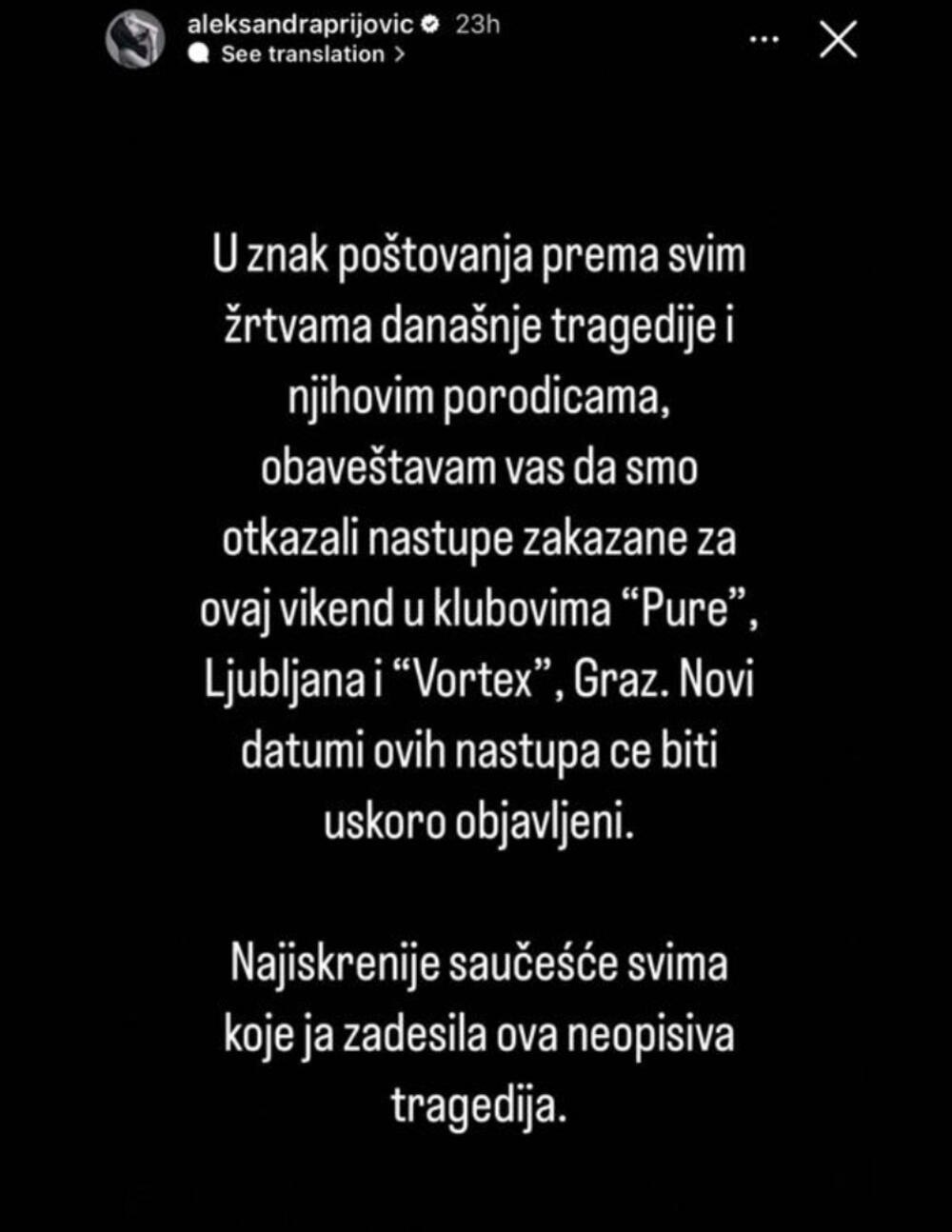 Aleksandra Prijović otkazala je nastupe zbog tragedije u Beogradu